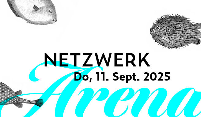 Fisch-Illustrationen umgeben das Wort „Arena“ in türkisfarbener Schreibschrift