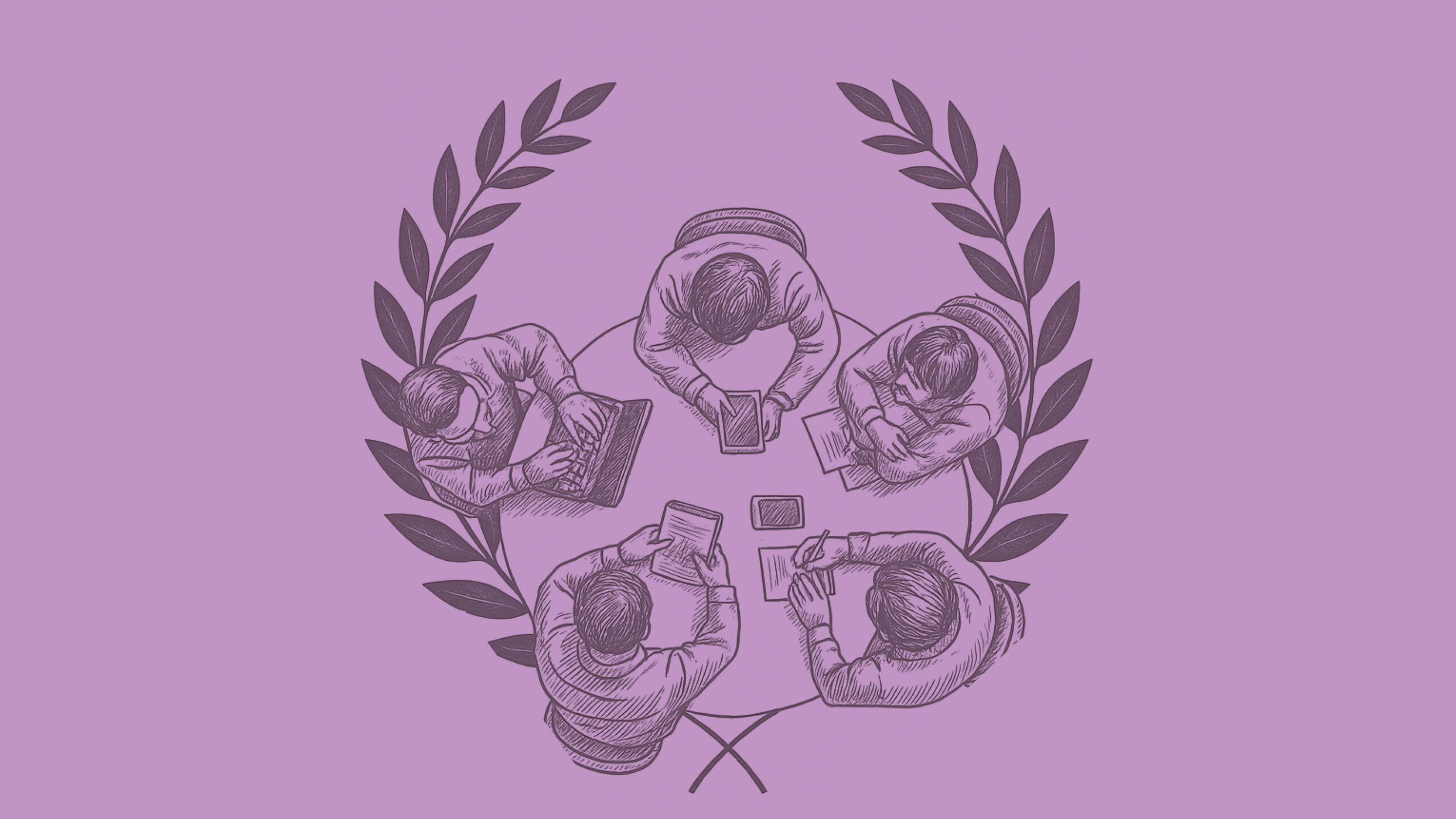 Fünf Personen arbeiten gemeinsam an einem runden Tisch, umrahmt von Lorbeerzweigen