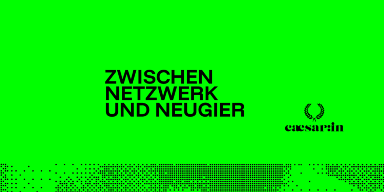 Neongrüne Grafik mit schwarzem Text „Zwischen Netzwerk und Neugier“ und punktförmigem schwarzem Muster.