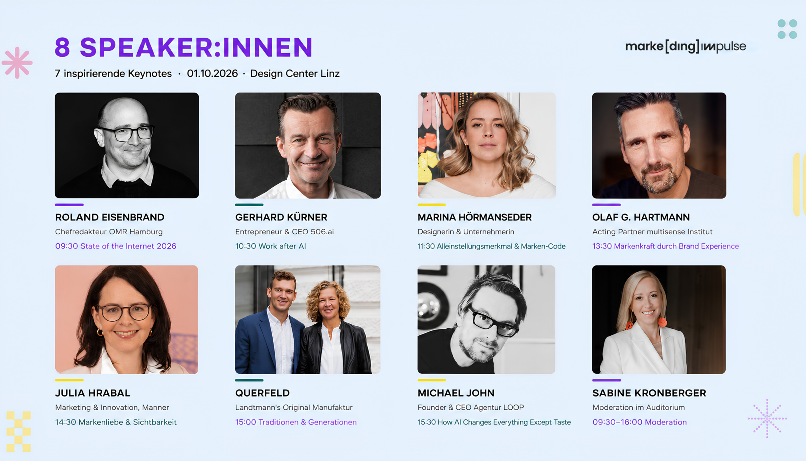 Acht Speaker:innen der ‚marke[ding] impulse‘ am 1. Oktober 2026 mit Keynotes zu KI, Markenführung und Innovation.