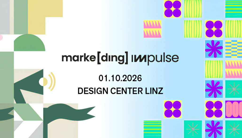 Grafik zur Veranstaltung ‚marke[ding] impulse‘ am 1. Oktober 2026, umrahmt von bunten geometrischen Mustern