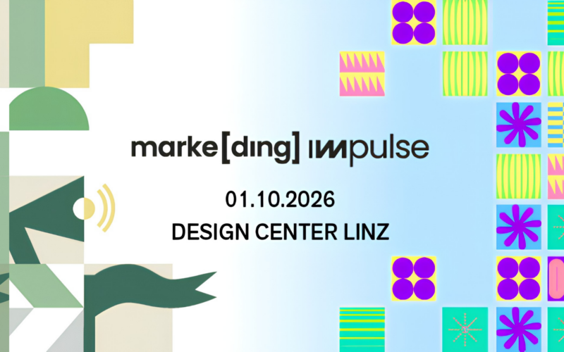 Grafik zur Veranstaltung ‚marke[ding] impulse‘ am 1. Oktober 2026, umrahmt von bunten geometrischen Mustern