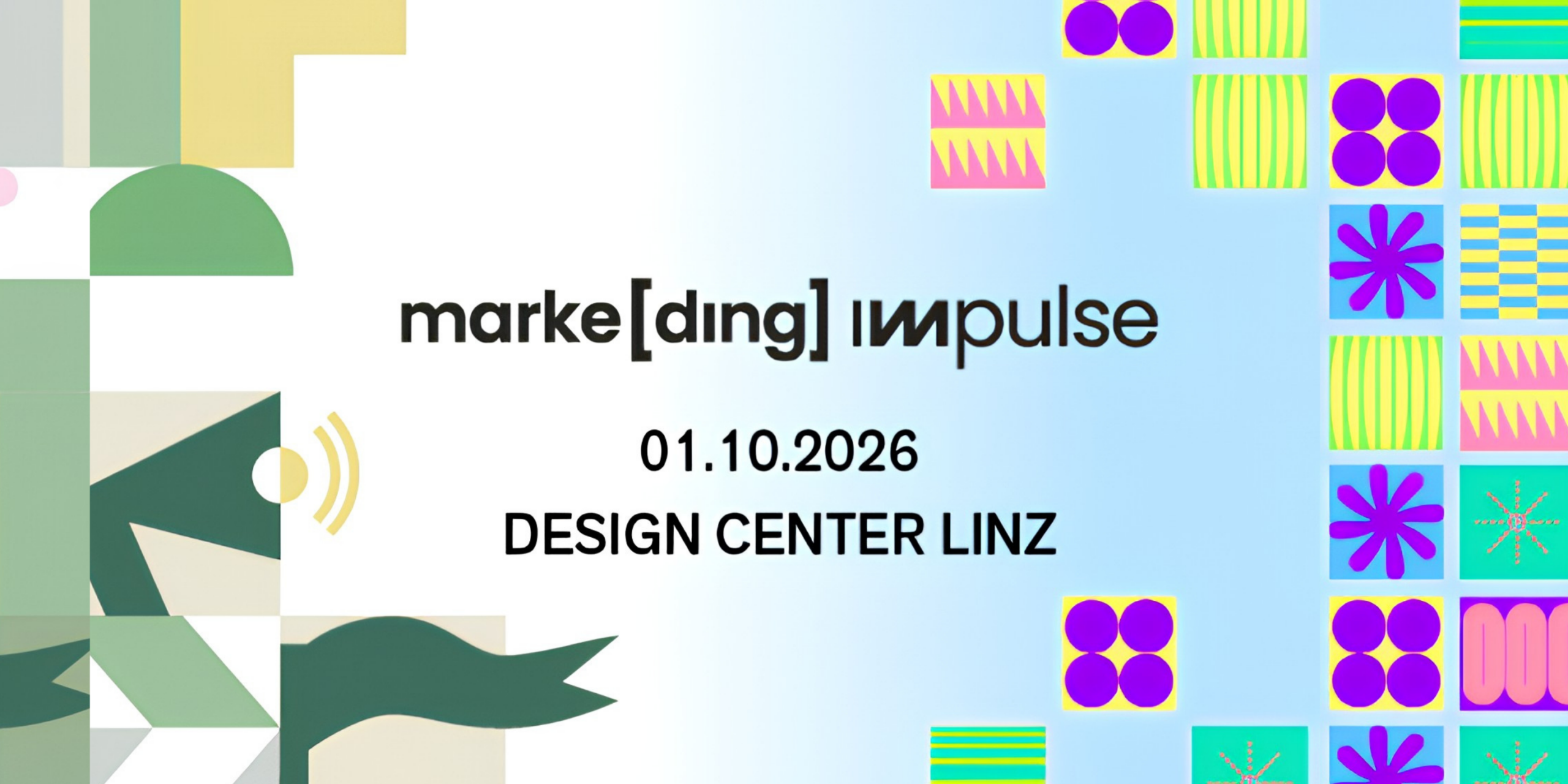 Grafik zur Veranstaltung ‚marke[ding] impulse‘ am 1. Oktober 2026, umrahmt von bunten geometrischen Mustern