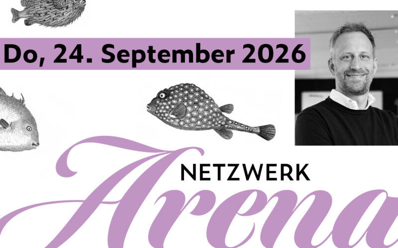 Netzwerk Arena Schriftzug mit Fisch-Illustrationen und Speaker-Porträt
